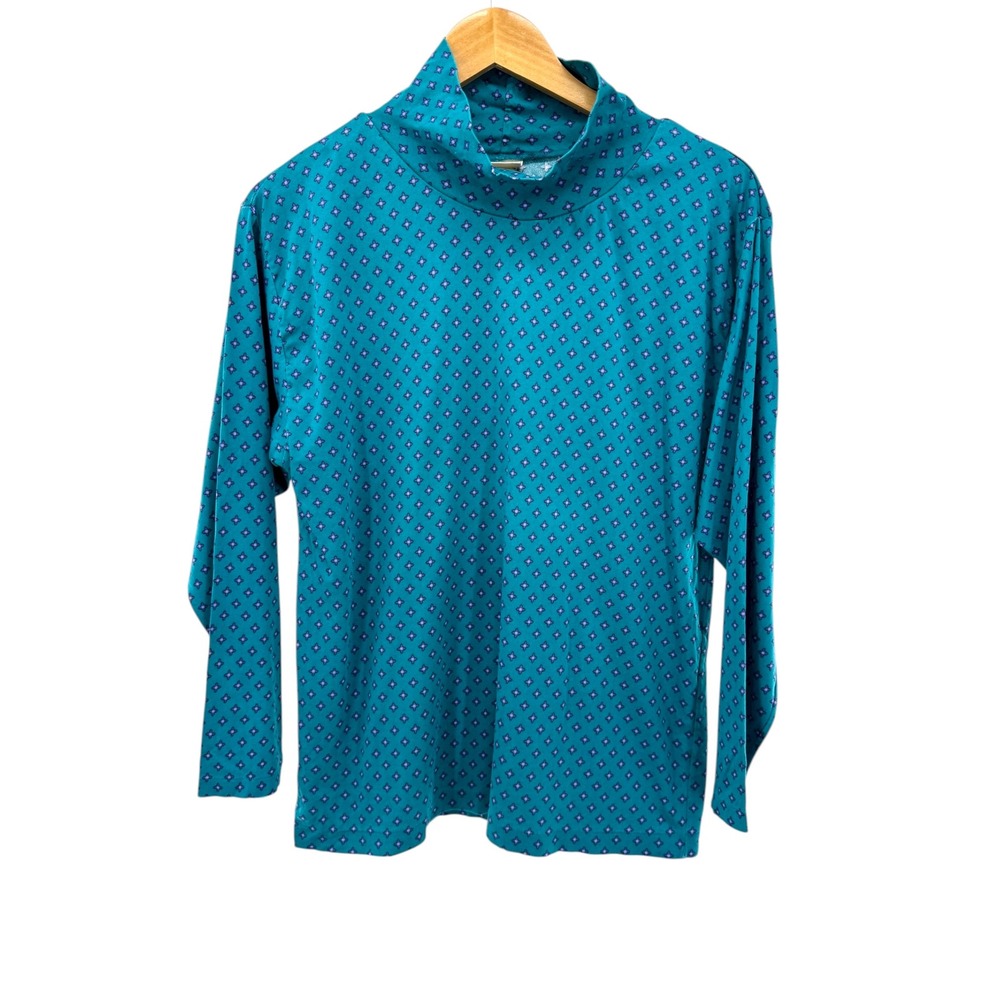 Vintage L.L. Bean Teal Geometric Print Turtleneck Long Sleeve Top Women's